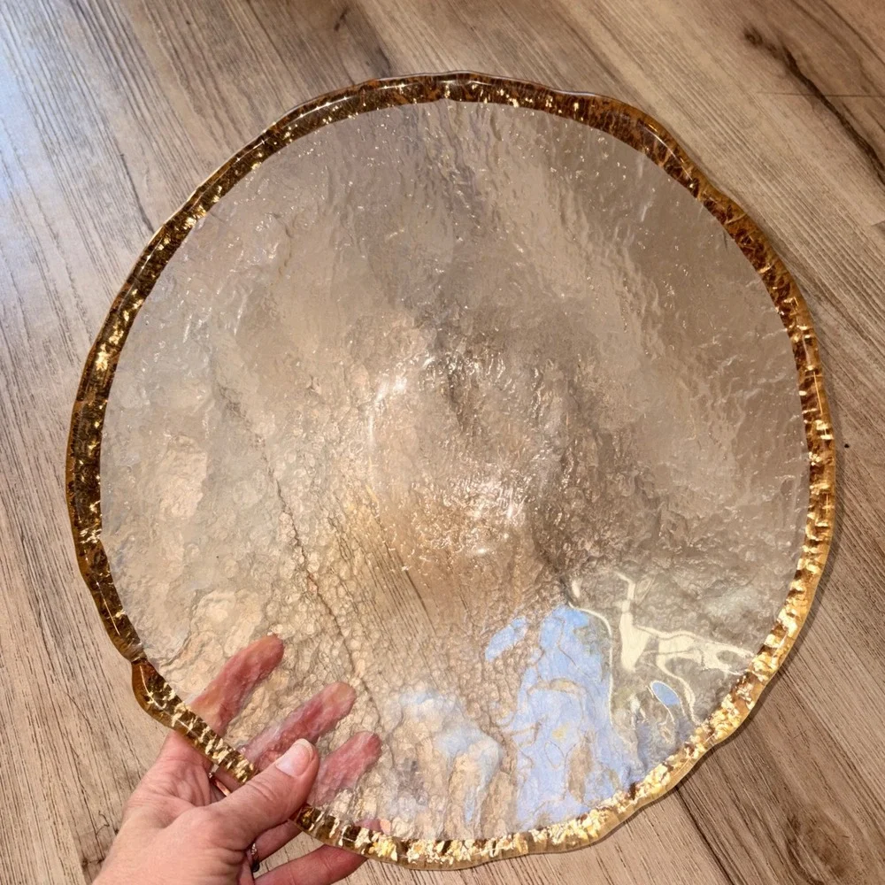 Glacier IVV Italian Textured Art Glass 10K Gold Trim Bowl 13
